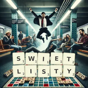 Kreatywna ilustracja do gry w Scrabble ze słowem SWIETLISTY ułożonym z płytek na planszy.