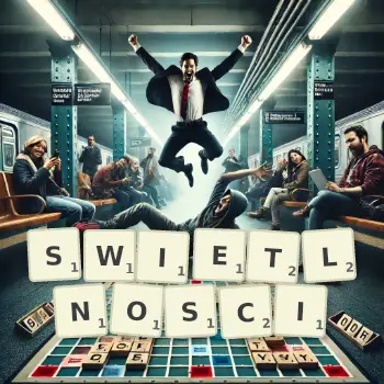 Kreatywna ilustracja do gry w Scrabble ze słowem SWIETLNOSCI ułożonym z płytek na planszy.