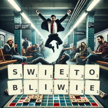 Kreatywna ilustracja do gry w Scrabble ze słowem SWIETOBLIWIE ułożonym z płytek na planszy.