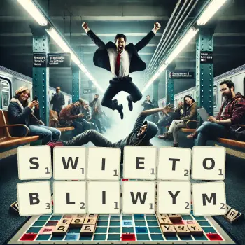 Kreatywna ilustracja do gry w Scrabble ze słowem SWIETOBLIWYM ułożonym z płytek na planszy.