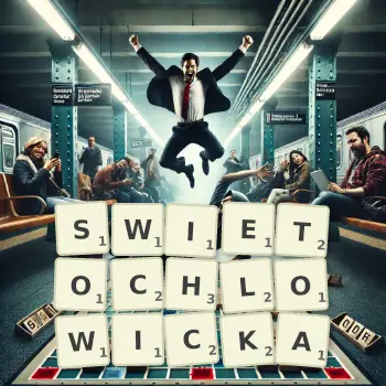 Kreatywna ilustracja do gry w Scrabble ze słowem SWIETOCHLOWICKA ułożonym z płytek na planszy.
