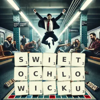 Kreatywna ilustracja do gry w Scrabble ze słowem SWIETOCHLOWICKU ułożonym z płytek na planszy.