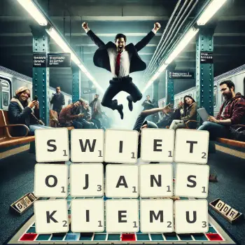 Kreatywna ilustracja do gry w Scrabble ze słowem SWIETOJANSKIEMU ułożonym z płytek na planszy.