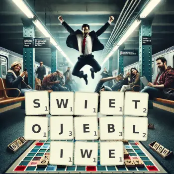 Kreatywna ilustracja do gry w Scrabble ze słowem SWIETOJEBLIWE ułożonym z płytek na planszy.