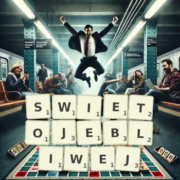 Kreatywna ilustracja do gry w Scrabble ze słowem SWIETOJEBLIWEJ ułożonym z płytek na planszy.