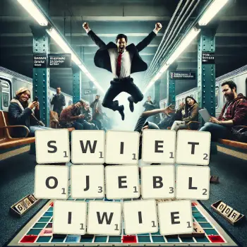 Kreatywna ilustracja do gry w Scrabble ze słowem SWIETOJEBLIWIE ułożonym z płytek na planszy.