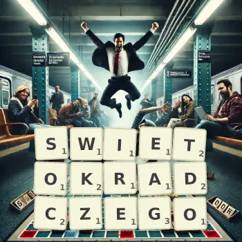 Kreatywna ilustracja do gry w Scrabble ze słowem SWIETOKRADCZEGO ułożonym z płytek na planszy.