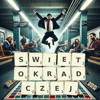 Kreatywna ilustracja do gry w Scrabble ze słowem SWIETOKRADCZEJ ułożonym z płytek na planszy.