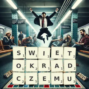 Kreatywna ilustracja do gry w Scrabble ze słowem SWIETOKRADCZEMU ułożonym z płytek na planszy.