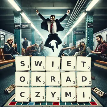 Kreatywna ilustracja do gry w Scrabble ze słowem SWIETOKRADCZYMI ułożonym z płytek na planszy.