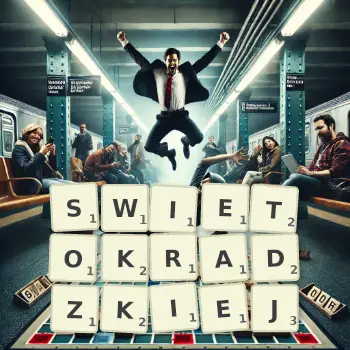 Kreatywna ilustracja do gry w Scrabble ze słowem SWIETOKRADZKIEJ ułożonym z płytek na planszy.