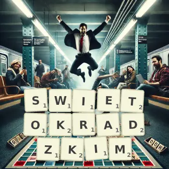 Kreatywna ilustracja do gry w Scrabble ze słowem SWIETOKRADZKIM ułożonym z płytek na planszy.