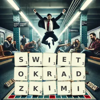 Kreatywna ilustracja do gry w Scrabble ze słowem SWIETOKRADZKIMI ułożonym z płytek na planszy.