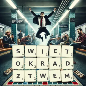 Kreatywna ilustracja do gry w Scrabble ze słowem SWIETOKRADZTWEM ułożonym z płytek na planszy.