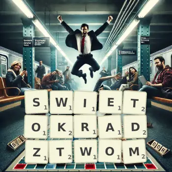 Kreatywna ilustracja do gry w Scrabble ze słowem SWIETOKRADZTWOM ułożonym z płytek na planszy.
