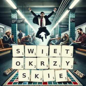 Kreatywna ilustracja do gry w Scrabble ze słowem SWIETOKRZYSKIE ułożonym z płytek na planszy.