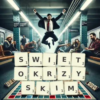 Kreatywna ilustracja do gry w Scrabble ze słowem SWIETOKRZYSKIM ułożonym z płytek na planszy.