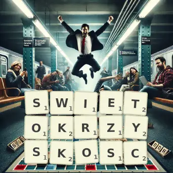 Kreatywna ilustracja do gry w Scrabble ze słowem SWIETOKRZYSKOSC ułożonym z płytek na planszy.