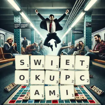 Kreatywna ilustracja do gry w Scrabble ze słowem SWIETOKUPCAMI ułożonym z płytek na planszy.