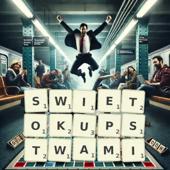 Kreatywna ilustracja do gry w Scrabble ze słowem SWIETOKUPSTWAMI ułożonym z płytek na planszy.