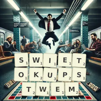 Kreatywna ilustracja do gry w Scrabble ze słowem SWIETOKUPSTWEM ułożonym z płytek na planszy.
