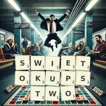 Kreatywna ilustracja do gry w Scrabble ze słowem SWIETOKUPSTWO ułożonym z płytek na planszy.