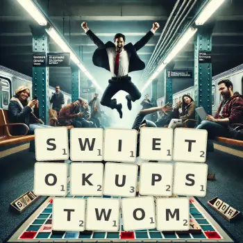 Kreatywna ilustracja do gry w Scrabble ze słowem SWIETOKUPSTWOM ułożonym z płytek na planszy.