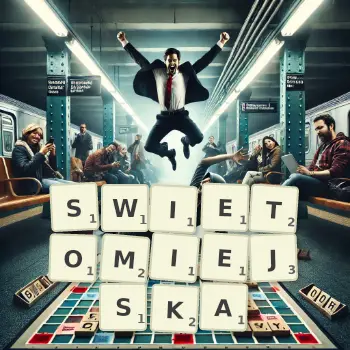 Kreatywna ilustracja do gry w Scrabble ze słowem SWIETOMIEJSKA ułożonym z płytek na planszy.