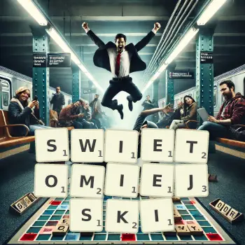 Kreatywna ilustracja do gry w Scrabble ze słowem SWIETOMIEJSKI ułożonym z płytek na planszy.