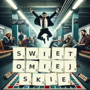 Kreatywna ilustracja do gry w Scrabble ze słowem SWIETOMIEJSKIE ułożonym z płytek na planszy.