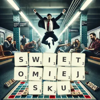 Kreatywna ilustracja do gry w Scrabble ze słowem SWIETOMIEJSKU ułożonym z płytek na planszy.