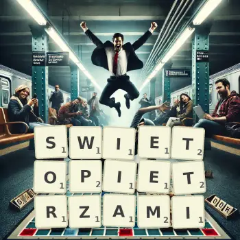 Kreatywna ilustracja do gry w Scrabble ze słowem SWIETOPIETRZAMI ułożonym z płytek na planszy.