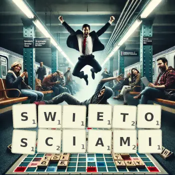 Kreatywna ilustracja do gry w Scrabble ze słowem SWIETOSCIAMI ułożonym z płytek na planszy.