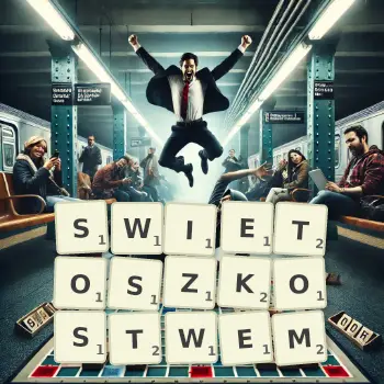 Kreatywna ilustracja do gry w Scrabble ze słowem SWIETOSZKOSTWEM ułożonym z płytek na planszy.
