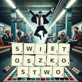 Kreatywna ilustracja do gry w Scrabble ze słowem SWIETOSZKOSTWO ułożonym z płytek na planszy.