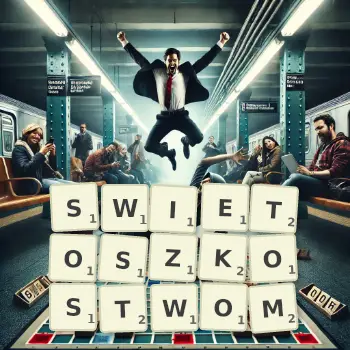 Kreatywna ilustracja do gry w Scrabble ze słowem SWIETOSZKOSTWOM ułożonym z płytek na planszy.