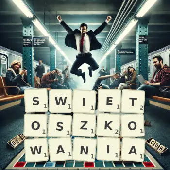 Kreatywna ilustracja do gry w Scrabble ze słowem SWIETOSZKOWANIA ułożonym z płytek na planszy.