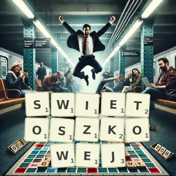 Kreatywna ilustracja do gry w Scrabble ze słowem SWIETOSZKOWEJ ułożonym z płytek na planszy.