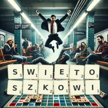 Kreatywna ilustracja do gry w Scrabble ze słowem SWIETOSZKOWI ułożonym z płytek na planszy.