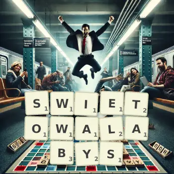 Kreatywna ilustracja do gry w Scrabble ze słowem SWIETOWALABYS ułożonym z płytek na planszy.