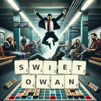 Kreatywna ilustracja do gry w Scrabble ze słowem SWIETOWAN ułożonym z płytek na planszy.