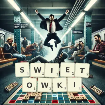 Kreatywna ilustracja do gry w Scrabble ze słowem SWIETOWKI ułożonym z płytek na planszy.