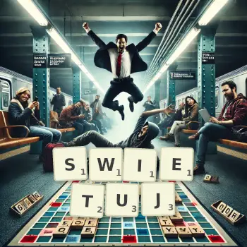 Kreatywna ilustracja do gry w Scrabble ze słowem SWIETUJ ułożonym z płytek na planszy.