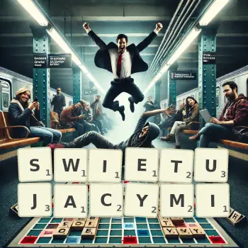Kreatywna ilustracja do gry w Scrabble ze słowem SWIETUJACYMI ułożonym z płytek na planszy.