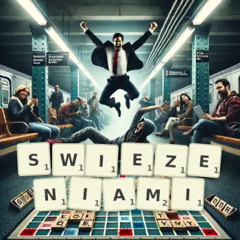 Kreatywna ilustracja do gry w Scrabble ze słowem SWIEZENIAMI ułożonym z płytek na planszy.