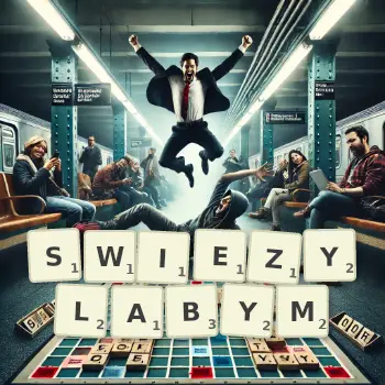 Kreatywna ilustracja do gry w Scrabble ze słowem SWIEZYLABYM ułożonym z płytek na planszy.
