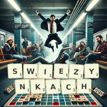 Kreatywna ilustracja do gry w Scrabble ze słowem SWIEZYNKACH ułożonym z płytek na planszy.
