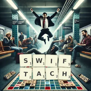 Kreatywna ilustracja do gry w Scrabble ze słowem SWIFTACH ułożonym z płytek na planszy.