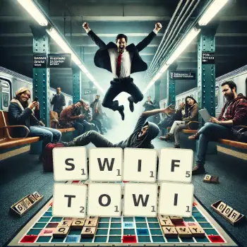 Kreatywna ilustracja do gry w Scrabble ze słowem SWIFTOWI ułożonym z płytek na planszy.