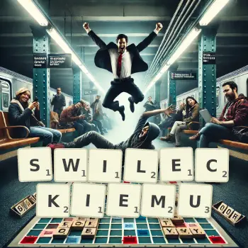 Kreatywna ilustracja do gry w Scrabble ze słowem SWILECKIEMU ułożonym z płytek na planszy.